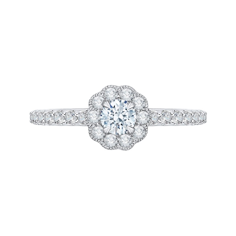 Round Halo Diamond Floral Engagement Ring in 14K White Gold