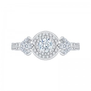 Round Diamond Double Halo Floral Engagement Ring in 14K White Gold
