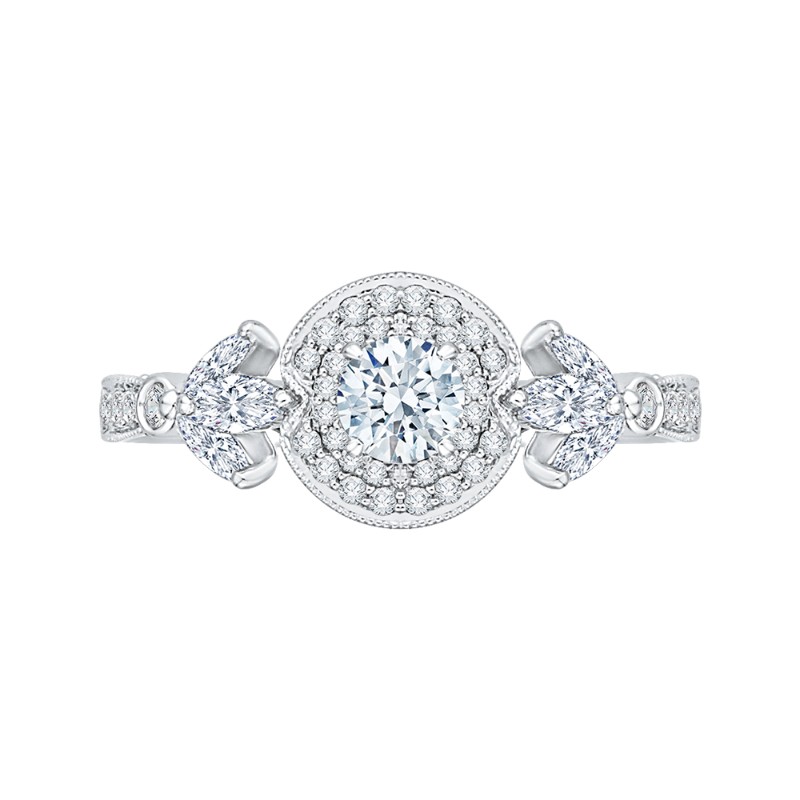 Round Diamond Double Halo Floral Engagement Ring in 14K White Gold