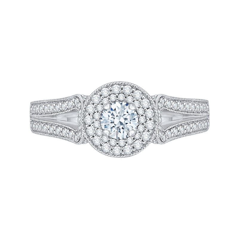 Split Shank Round Diamond Double Halo Engagement Ring in 14K White Gold