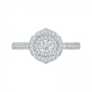 Round Diamond Double Halo Floral Engagement Ring in 14K White Gold