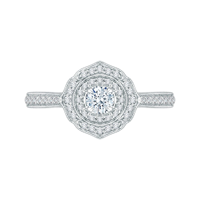 Round Diamond Double Halo Floral Engagement Ring in 14K White Gold