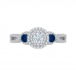 Diamond And Sapphire Three-Stone Halo Engagement Ring in 14K White Gold