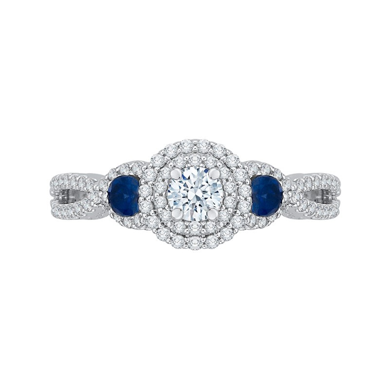 Diamond And Sapphire Three-Stone Halo Engagement Ring in 14K White Gold