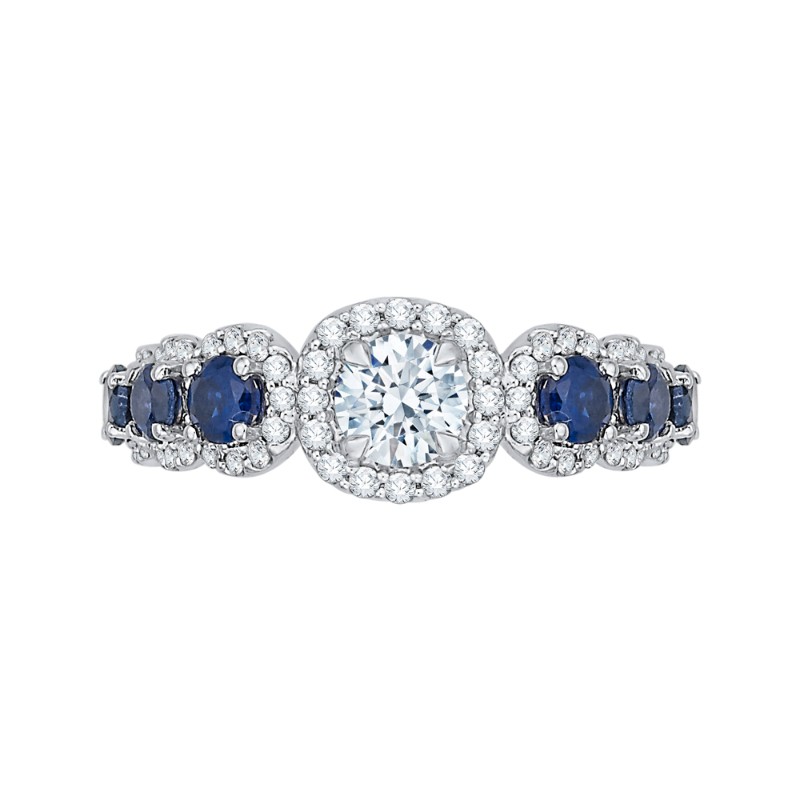 Round Diamond Halo Engagement Ring With Sapphire in 14K Two Tone Gold