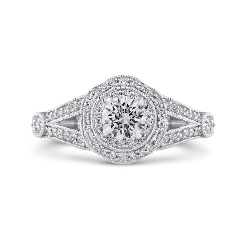 Round Double Halo Diamond Engagement Ring in 14K White Gold