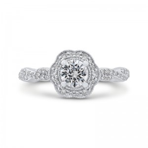 Round Diamond Floral Halo Engagement Ring in 14K White Gold