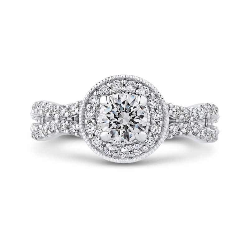 Split Shank Round Diamond Halo Engagement Ring in 14K White Gold