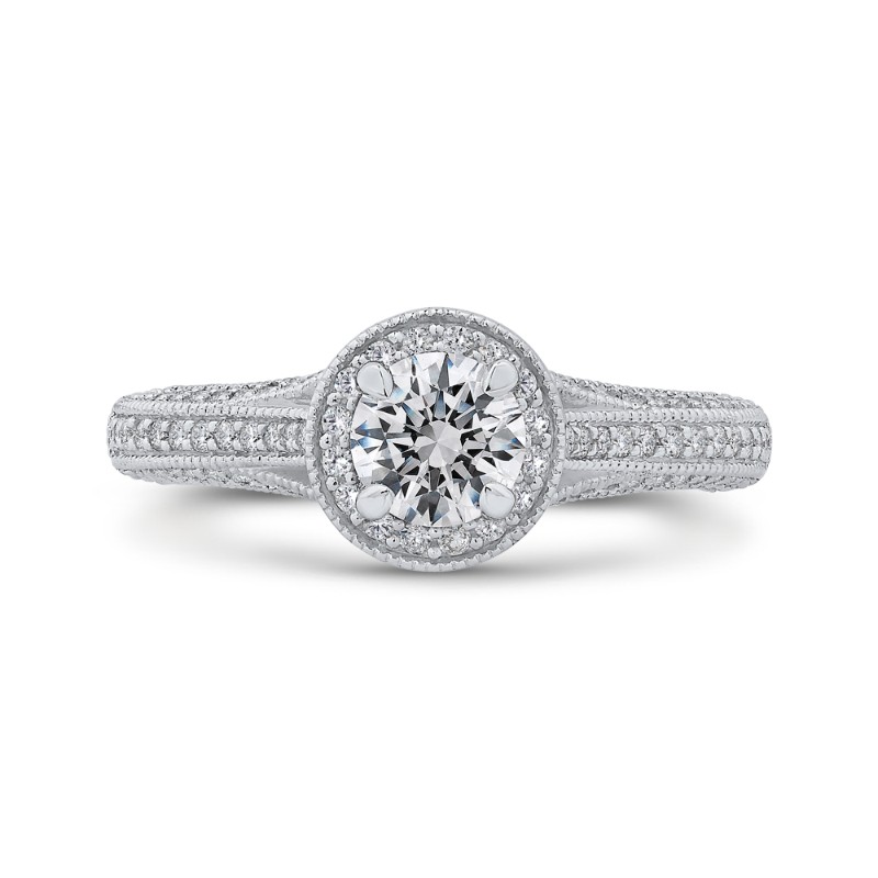 Split Shank Round Diamond Halo Engagement Ring in 14K White Gold