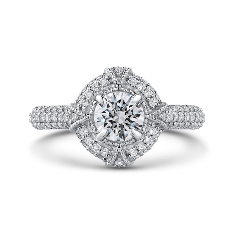 Round Diamond Cathedral Style Halo Engagement Ring in 14K White Gold