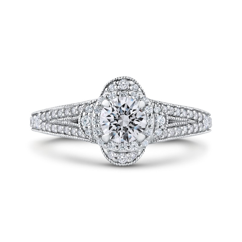 Split Shank Round Diamond Halo Engagement Ring in 14K White Gold