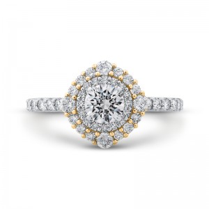 Round Diamond Double Halo Engagement Ring in 14K Two Tone Gold