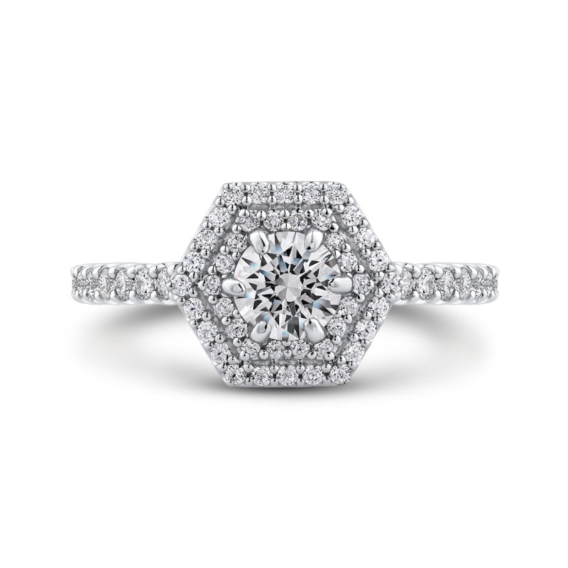 Round Diamond Hexagon Shape Double Halo Engagement Ring in 14K White Gold