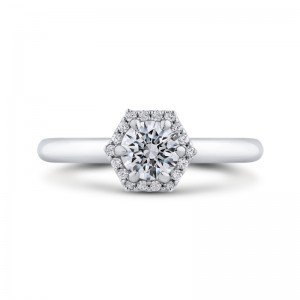 Round Diamond Hexagon Shape Halo Engagement Ring in 14K White Gold