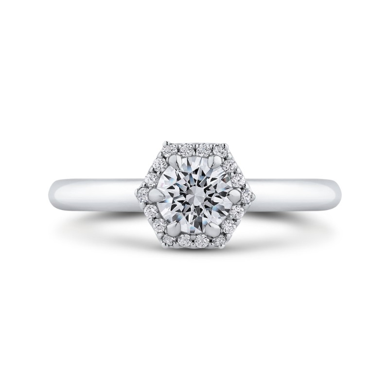 Round Diamond Hexagon Shape Halo Engagement Ring in 14K White Gold