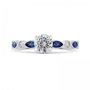 Round Diamond Engagement Ring with Pear Cut Sapphire in 14K White Gold