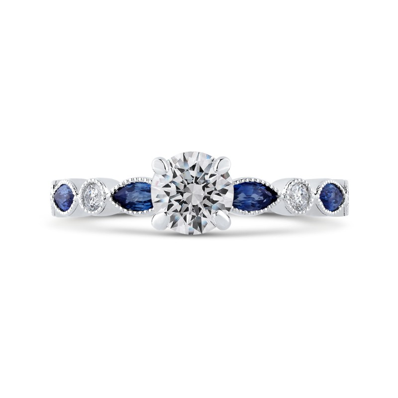 Round Diamond Engagement Ring with Pear Cut Sapphire in 14K White Gold