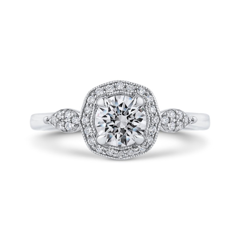 Round Diamond Floral Halo Engagement Ring in 14K White Gold
