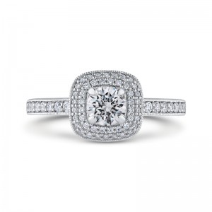 Round Diamond Double Halo Cathedral Style Engagement Ring in 14K White Gold