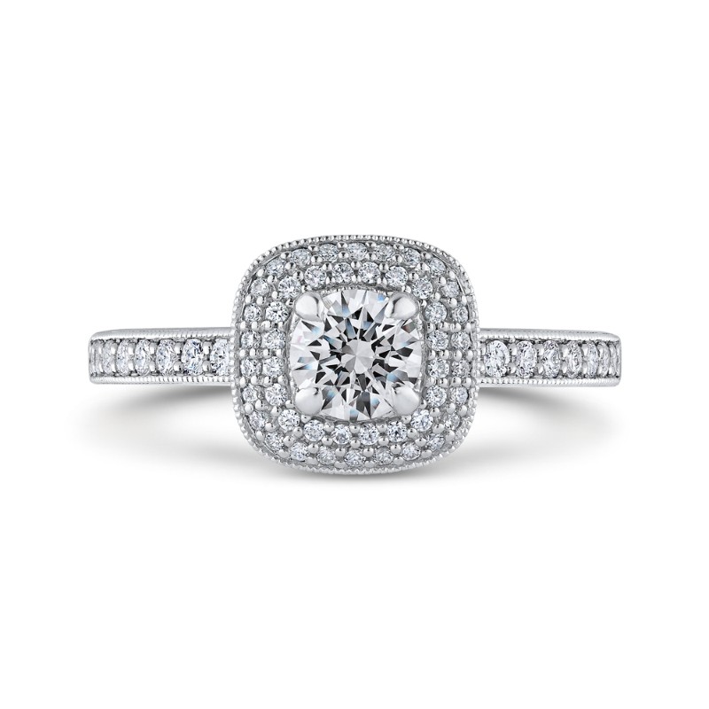Round Diamond Double Halo Cathedral Style Engagement Ring in 14K White Gold