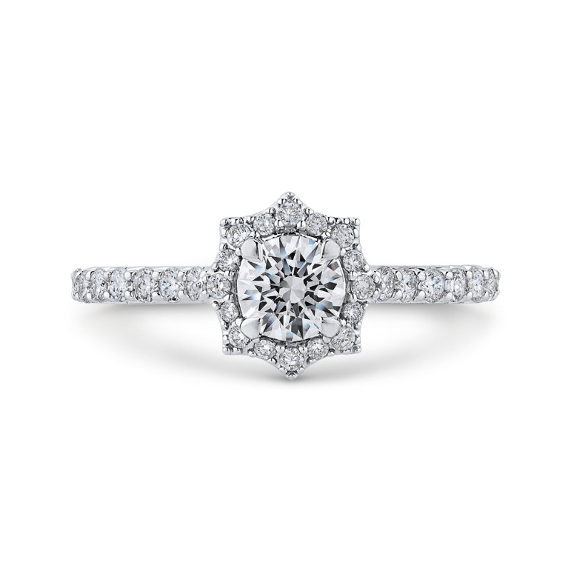 Round Diamond Floral Halo Engagement Ring in 14K White Gold