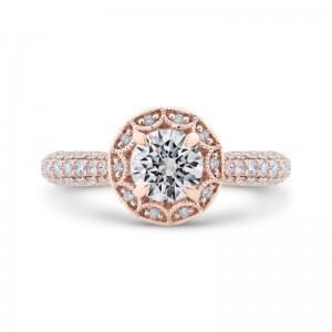 Round Halo Diamond Cathedral Style Engagement Ring in 14K Rose Gold