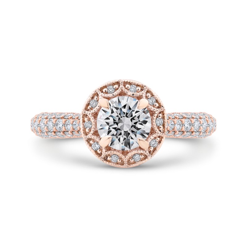 Round Halo Diamond Cathedral Style Engagement Ring in 14K Rose Gold