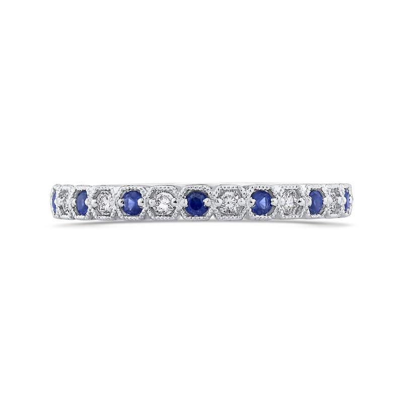 Round Diamond Half-Eternity Wedding Band with Sapphire in 14K White Gold