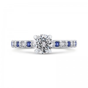 Round Diamond Engagement Ring with Blue Sapphire in 14K White Gold