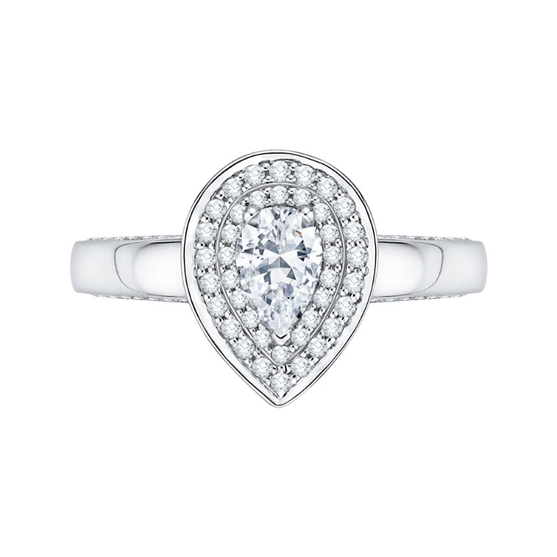 Pear Cut Diamond Double Halo Engagement Ring in 14K White Gold