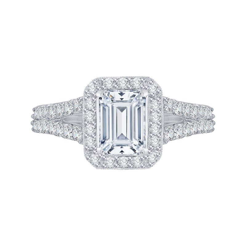Split Shank Emerald Cut Diamond Halo Engagement Ring in 14K White Gold