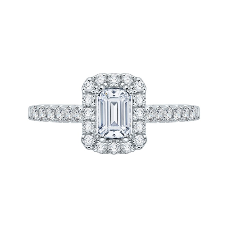 Emerald Cut Diamond Halo Engagement Ring in 14K White Gold