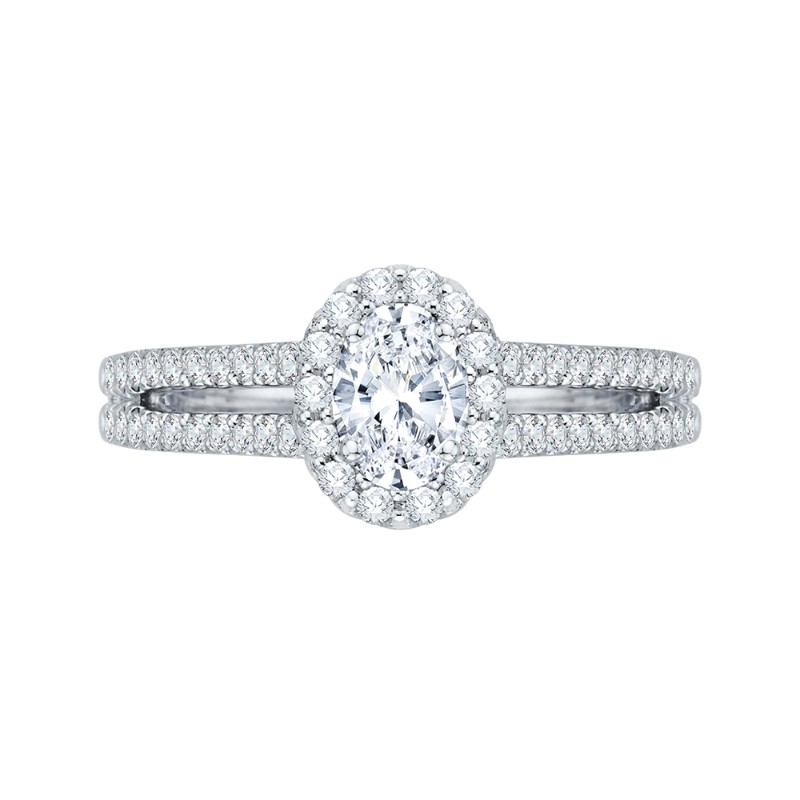 Split Shank Oval Cut Diamond Halo Engagement Ring in 14K White Gold