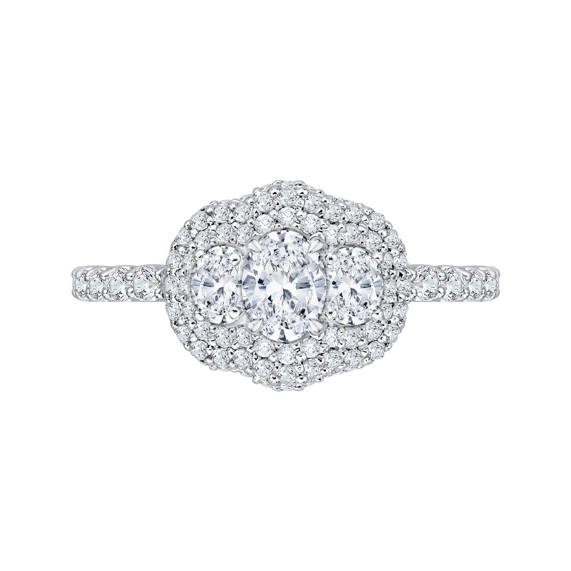 Oval Cut Diamond Three-Stone Halo Engagement Ring in 14K White Gold