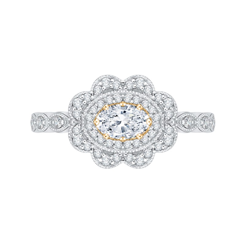 Oval Cut Diamond Floral Halo Engagement Ring in 14K Two Tone Gold