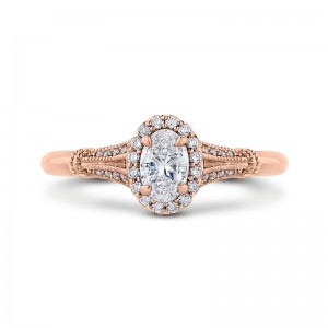 Split Shank Oval Cut Diamond Halo Cathedral Style Engagement Ring in 14K Rose Gold