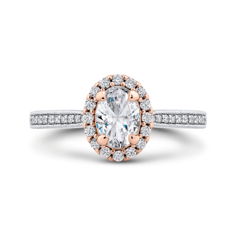 Oval Cut Diamond Halo Engagement Ring in 14K Two Tone Gold