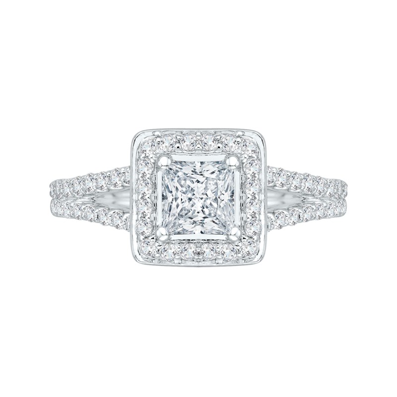 Split Shank Princess Cut Diamond Halo Engagement Ring in 14K White Gold