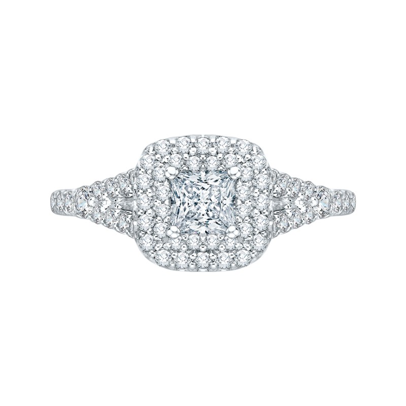 Split Shank Princess Cut Diamond Double Halo Engagement Ring in 14K White Gold
