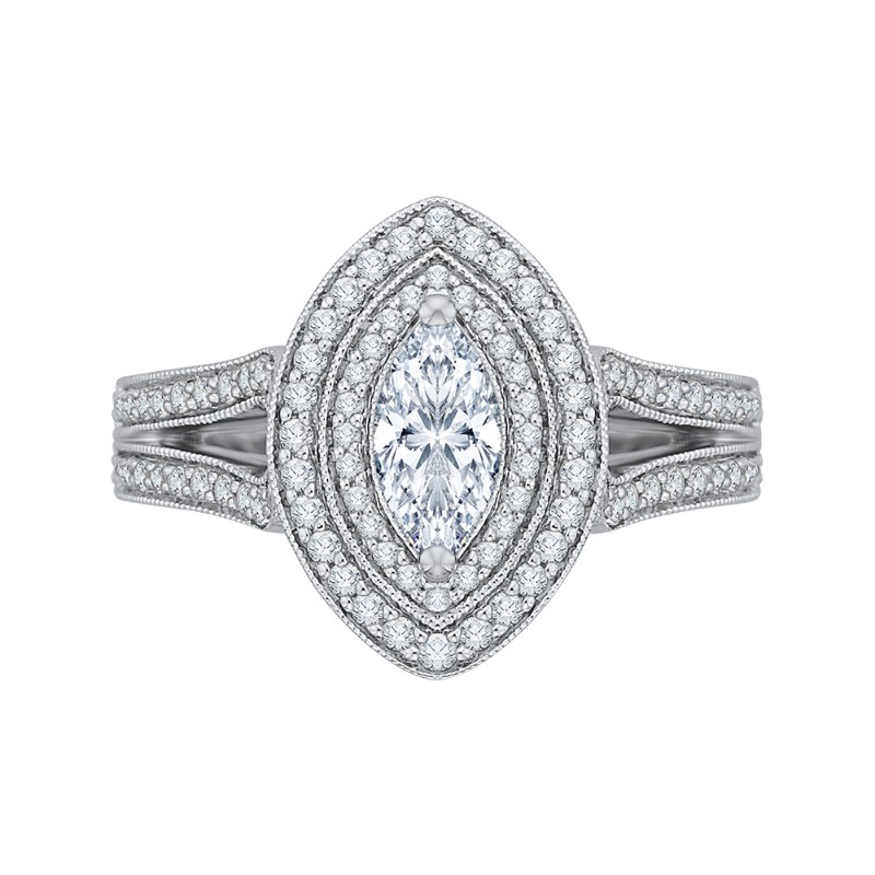 Split Shank Marquise Cut Diamond Double Halo Engagement Ring in 14K White Gold