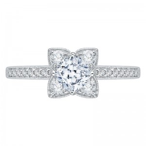 Cushion Cut Diamond Floral Engagement Ring in 14K White Gold