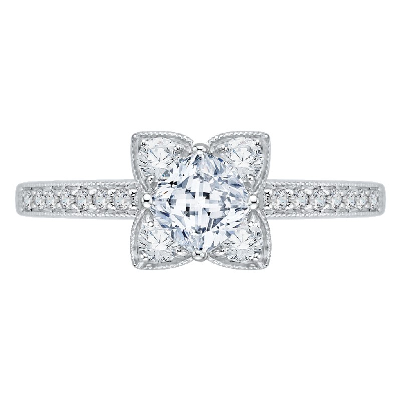Cushion Cut Diamond Floral Engagement Ring in 14K White Gold
