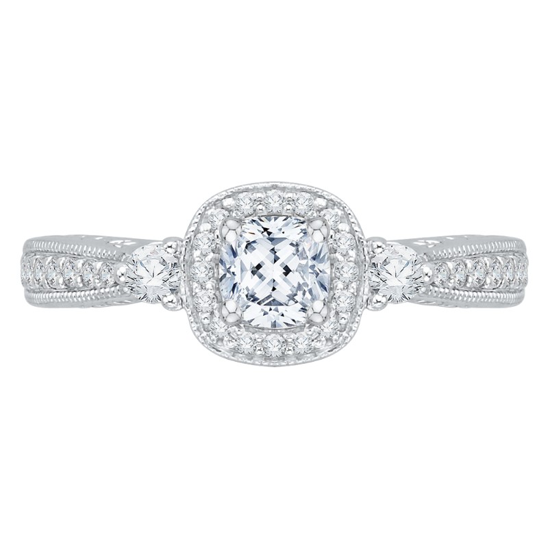Cushion Cut Diamond Halo Engagement Ring in 14K White Gold