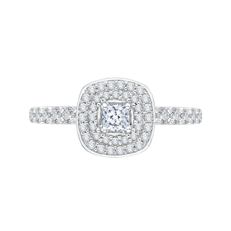 Cushion Cut Diamond Double Halo Engagement Ring in 14K White Gold