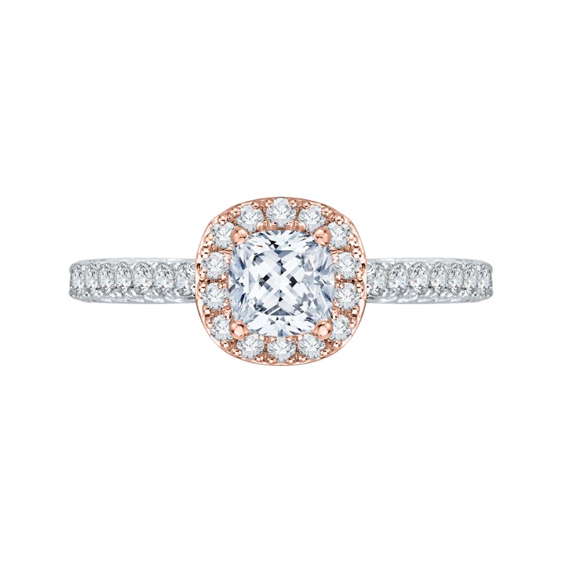 Cushion Cut Diamond Halo Engagement Ring in 14K Two Tone Gold