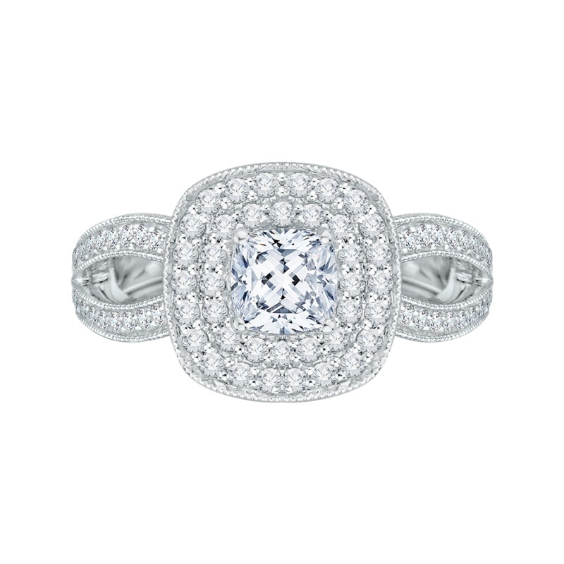 Split Shank Cushion Cut Diamond Double Halo Engagement Ring in 14K White Gold