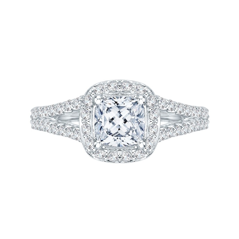 Cushion Cut Diamond Halo Engagement Ring in 14K White Gold
