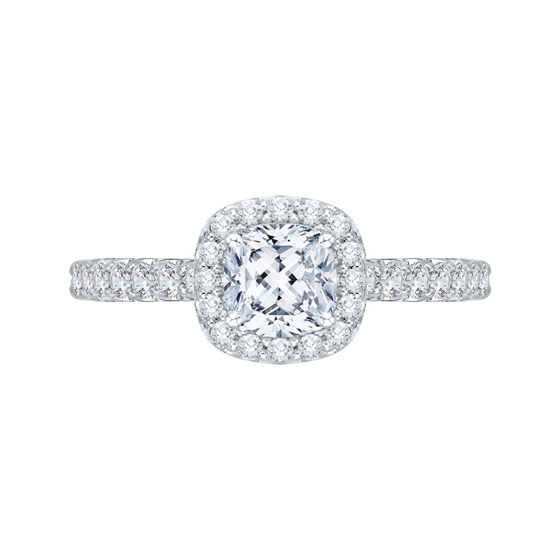 Cushion Cut Diamond Halo Engagement Ring In 14K White Gold