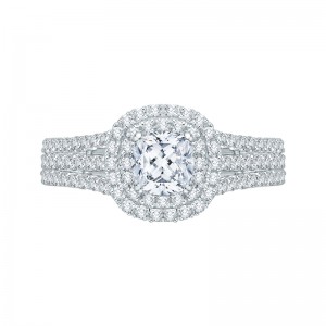 Split Shank Cushion Cut Diamond Double Halo Engagement Ring in 14K White Gold