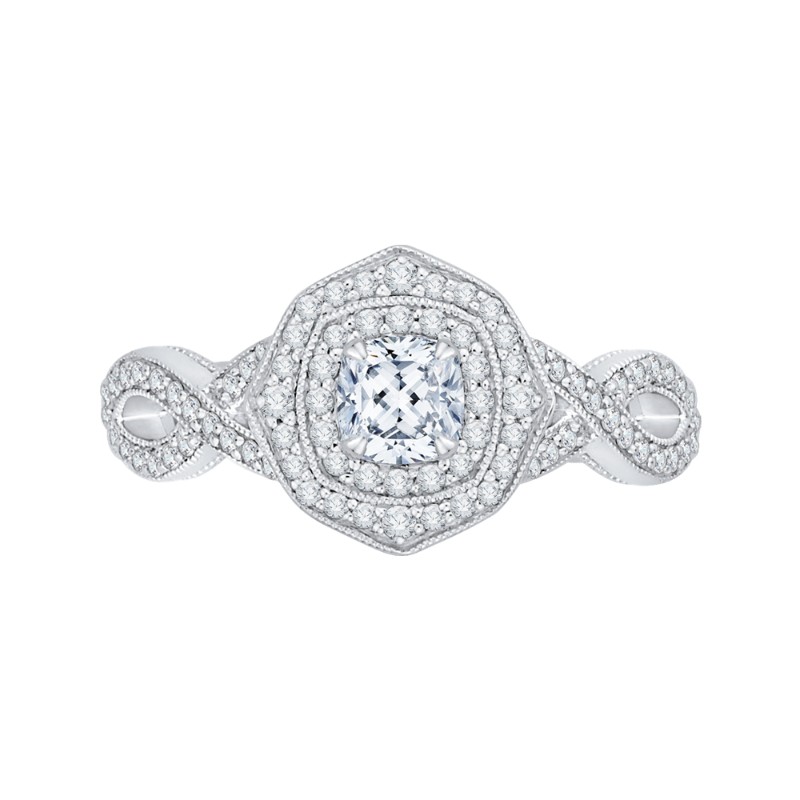 Cushion Cut Diamond Double Halo Engagement Ring in 14K Two Tone Gold
